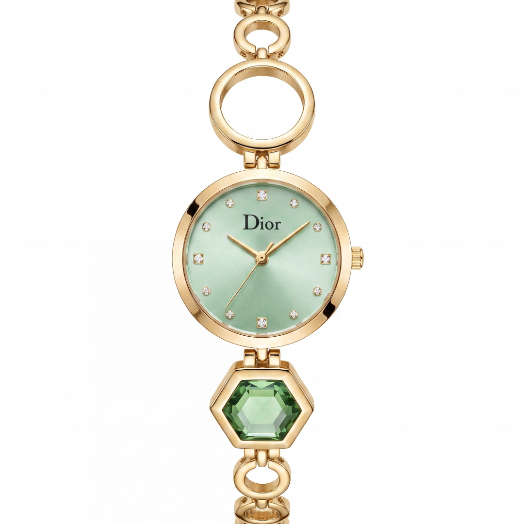 Dior Elegant Gold Watch with Green Dial & Crystal Markers