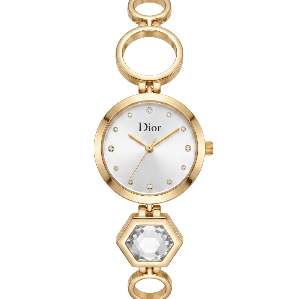 Dior Elegant Gold Watch with White Dial & Crystal Markers