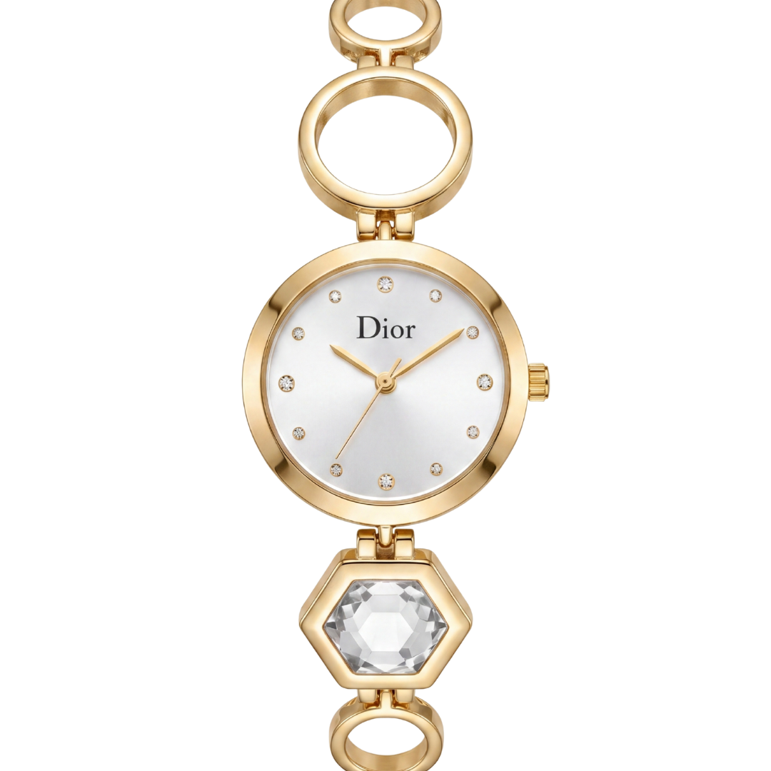 Dior Elegant Gold Watch with White Dial & Crystal Markers