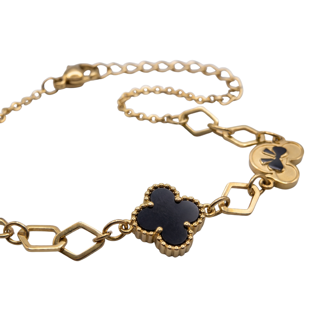 Luxury Gold Clover Charm Bracelet – Black Elegant Design