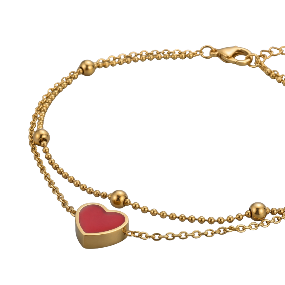Elegant Gold Layered Bracelet with Red Heart Charm