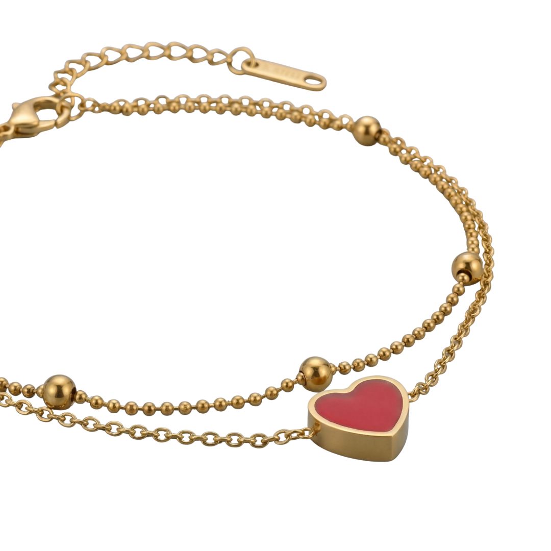 Elegant Gold Layered Bracelet with Red Heart Charm
