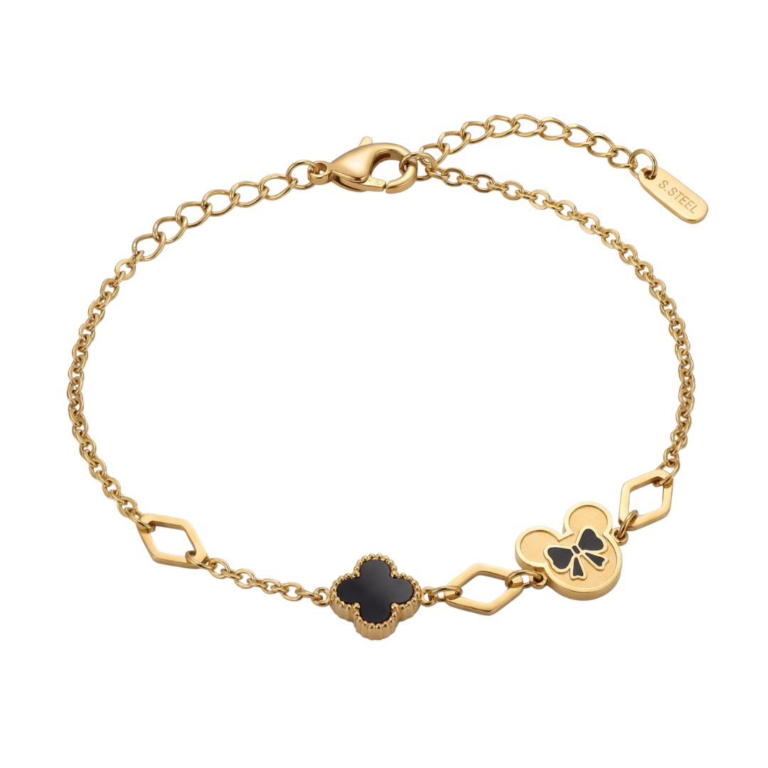Luxury Gold Clover Charm Bracelet – Black Elegant Design