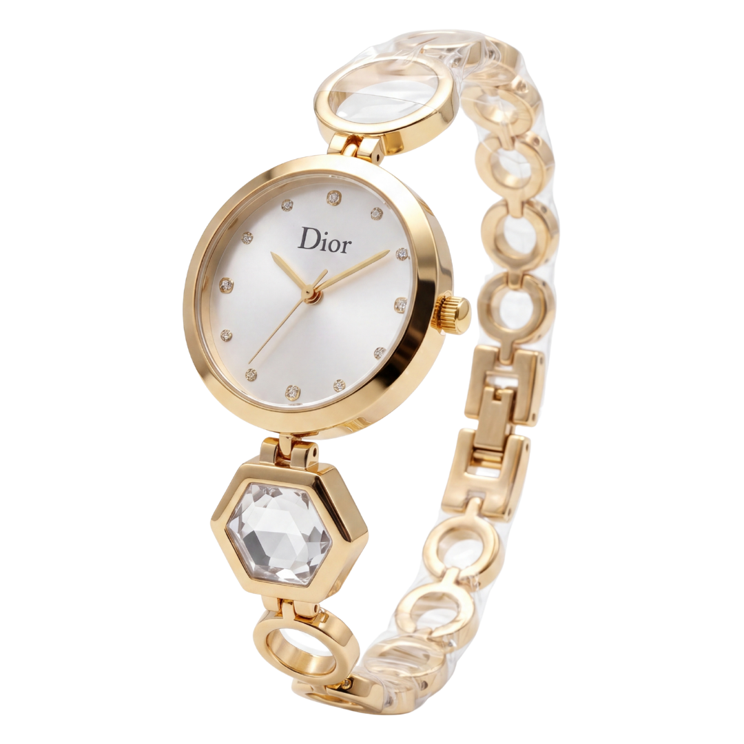 Dior Elegant Gold Watch with White Dial & Crystal Markers
