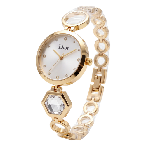 Dior Elegant Gold Watch with White Dial & Crystal Markers