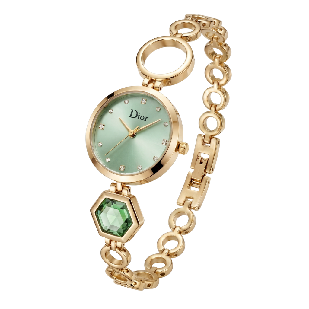 Dior Elegant Gold Watch with Green Dial & Crystal Markers