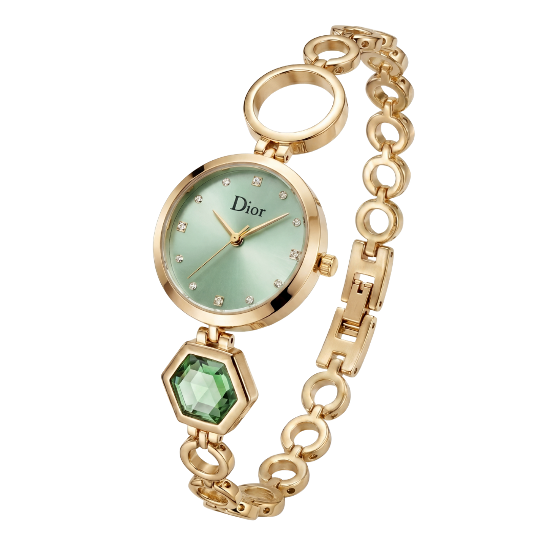 Dior Elegant Gold Watch with Green Dial & Crystal Markers