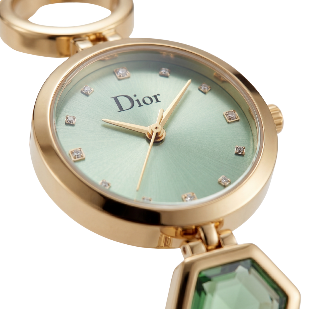 Dior Elegant Gold Watch with Green Dial & Crystal Markers