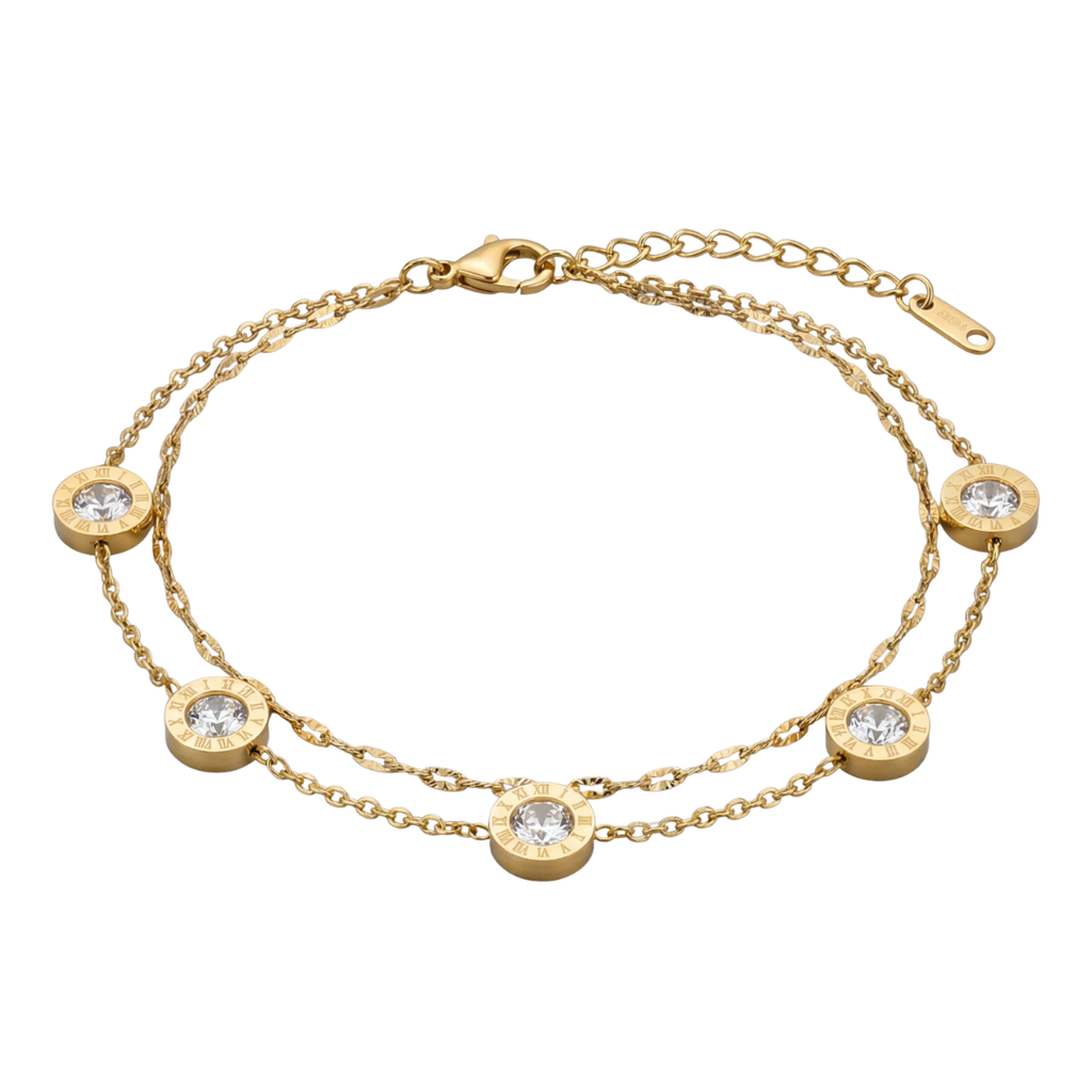 Crystal Charm Bracelet – Gold Double Chain Elegance