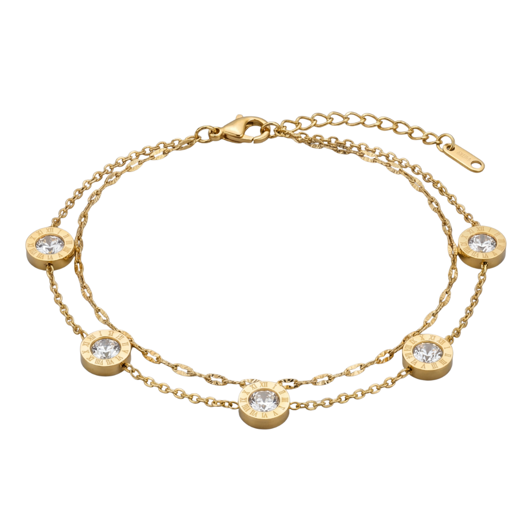 Crystal Charm Bracelet – Gold Double Chain Elegance