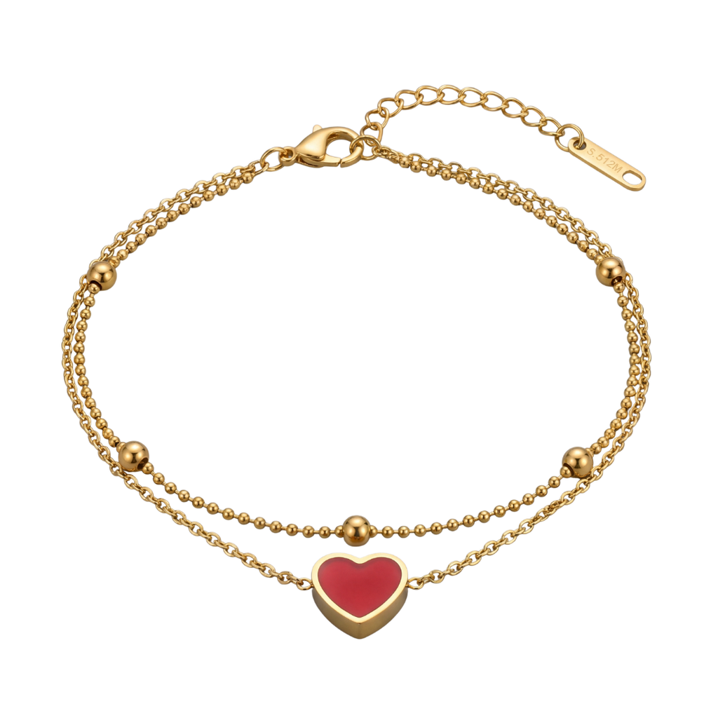 Elegant Gold Layered Bracelet with Red Heart Charm