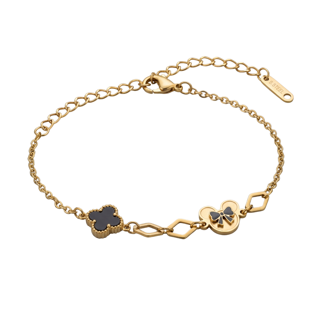 Luxury Gold Clover Charm Bracelet – Black Elegant Design