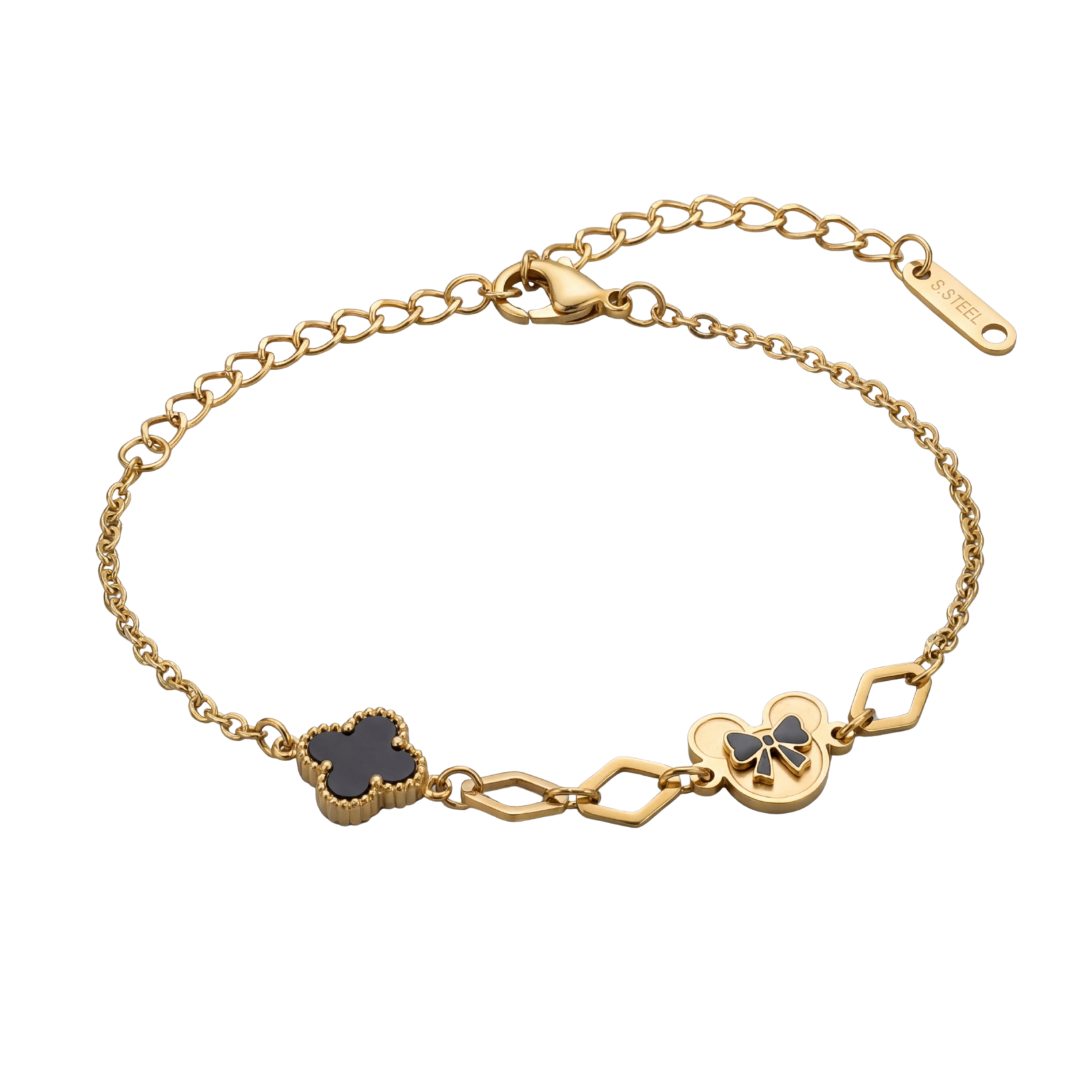 Luxury Gold Clover Charm Bracelet – Black Elegant Design