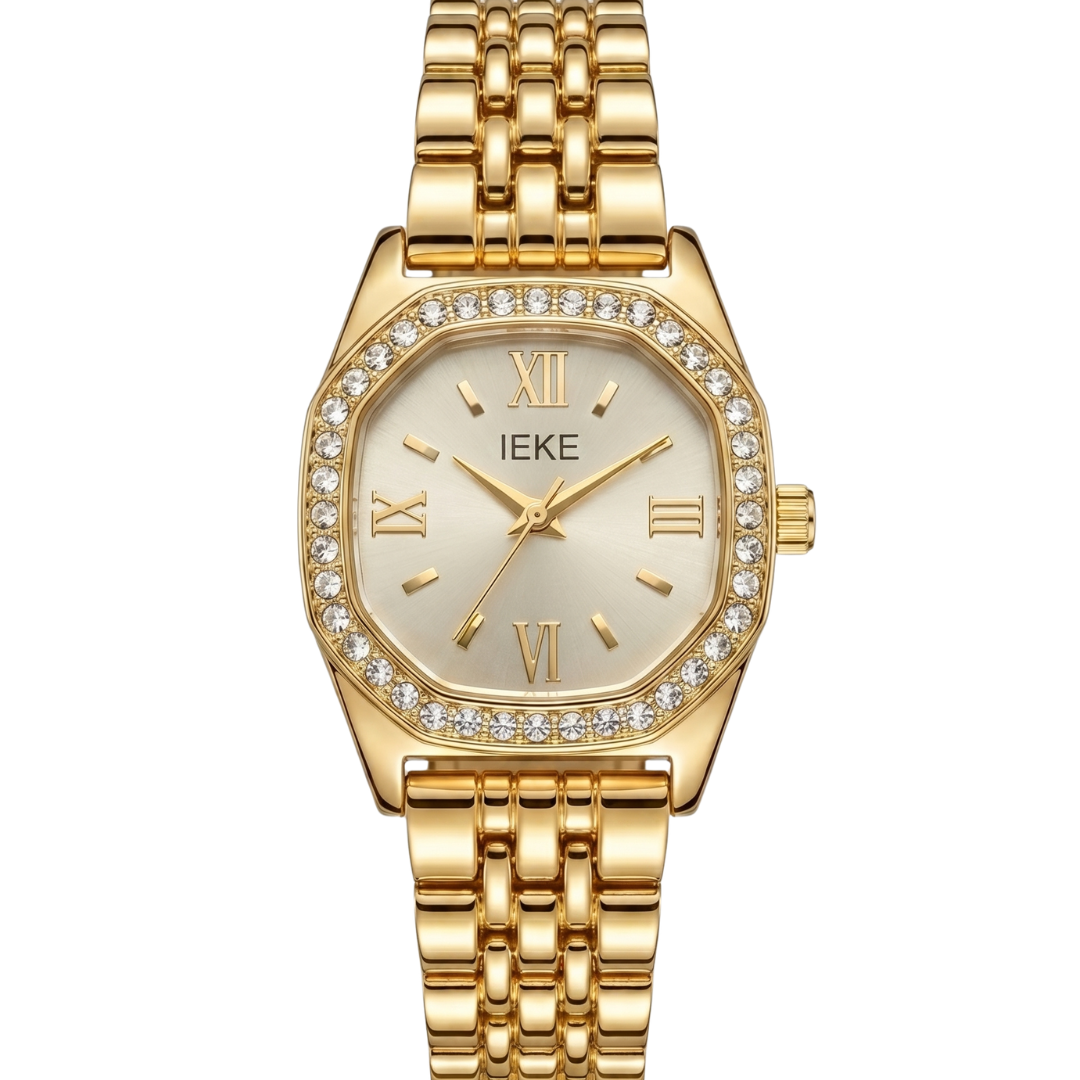 IEKE Gold Crystal Bezel Women’s Watch – Elegant Roman Dial